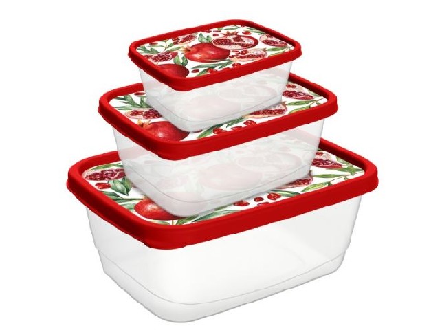 Комплект контейнеров для продуктов прямоугольных 3 шт. (0,5л+0,85л+1,5л) с декором (красный)